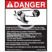 LBL-028 Adhesive Safety Sign for <strong>Pulleys and Belts</strong> 5" W x 6" H